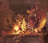 Ledge Canvas Paintings - Still Life with Fruit, a Glass of Wine and a Bronze Vessel on a Ledge